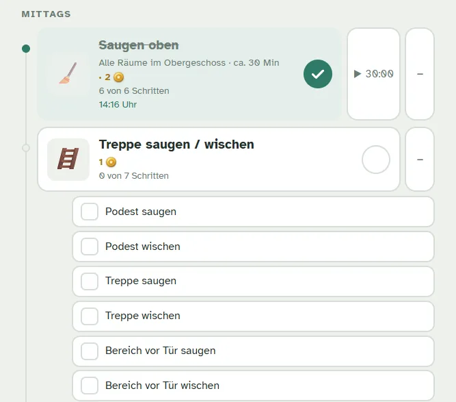 Eine Aufgabe mit sieben Teilschritten zum einzelnen Abhaken und einem Timer