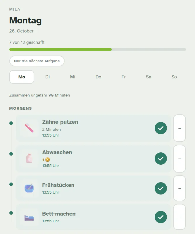 Tagesansicht des Wochenplans mit Fortschrittsbalken, Wochentagen und abgehakten Morgenaufgaben